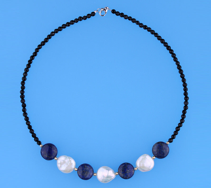 Sterling Silver Necklace with 15-16mm Coin Shape Freshwater Pearl, Lapis Lazuli and Black Agate - Wing Wo Hing Jewelry Group - Pearl Jewelry Manufacturer