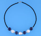 Sterling Silver Necklace with 15-16mm Coin Shape Freshwater Pearl, Lapis Lazuli and Black Agate - Wing Wo Hing Jewelry Group - Pearl Jewelry Manufacturer