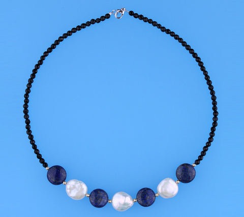 Sterling Silver Necklace with 15-16mm Coin Shape Freshwater Pearl, Lapis Lazuli and Black Agate