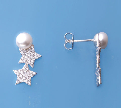 Sterling Silver Earrings with 6.5-7mm Button Shape Freshwater Pearl and Cubic Zirconia