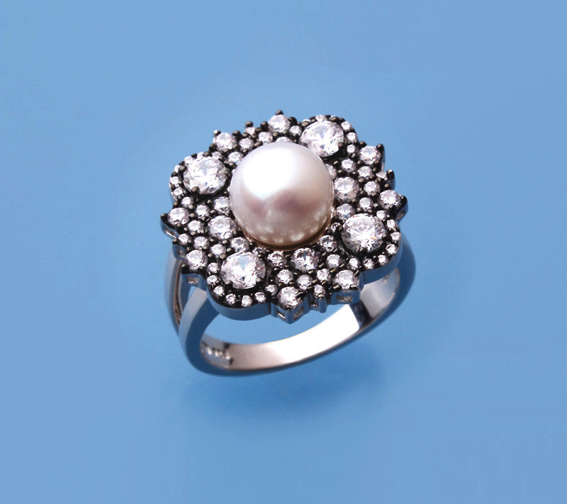 Sterling Silver Ring with 8-8.5mm Button Shape Freshwater Pearl and Cubic Zirconia - Wing Wo Hing Jewelry Group - Pearl Jewelry Manufacturer