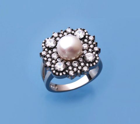 Sterling Silver Ring with 8-8.5mm Button Shape Freshwater Pearl and Cubic Zirconia