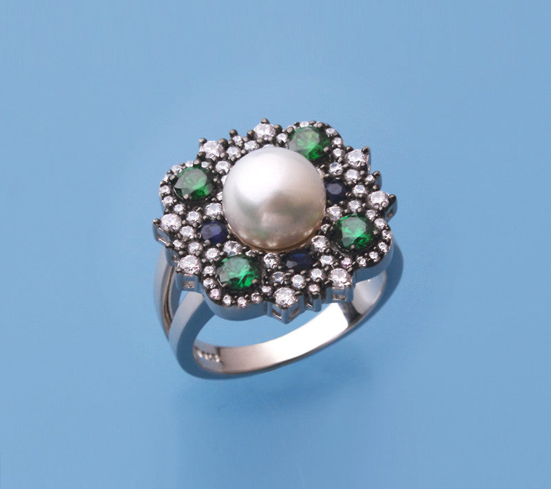Sterling Silver Ring with 8-8.5mm Button Shape Freshwater Pearl, CZ and Corundum - Wing Wo Hing Jewelry Group - Pearl Jewelry Manufacturer