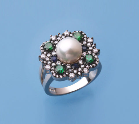 Sterling Silver Ring with 8-8.5mm Button Shape Freshwater Pearl, CZ and Corundum