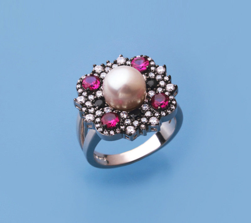 Sterling Silver Ring with 8-8.5mm Button Shape Freshwater Pearl, CZ, Black Spinel and Red Corundum - Wing Wo Hing Jewelry Group - Pearl Jewelry Manufacturer