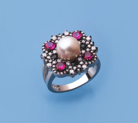 Sterling Silver Ring with 8-8.5mm Button Shape Freshwater Pearl, CZ, Black Spinel and Red Corundum