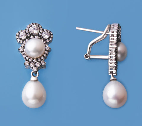 Sterling Silver Earrings with Freshwater Pearl and Cubic Zirconia