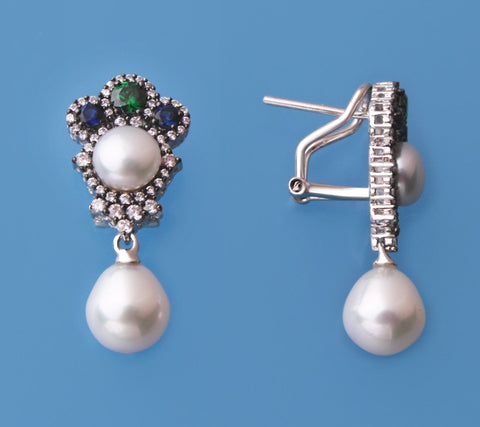 Sterling Silver Earrings with Freshwater Pearl, Cubic Zirconia and Corundum