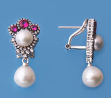 Sterling Silver Earrings with Freshwater Pearl, Cubic Zirconia and Red Corundum - Wing Wo Hing Jewelry Group - Pearl Jewelry Manufacturer