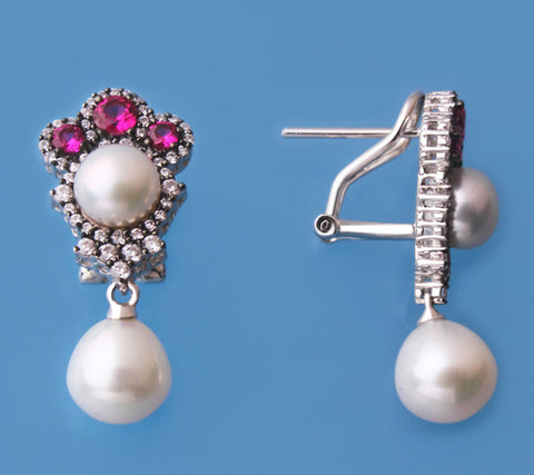 Sterling Silver Earrings with Freshwater Pearl, Cubic Zirconia and Red Corundum