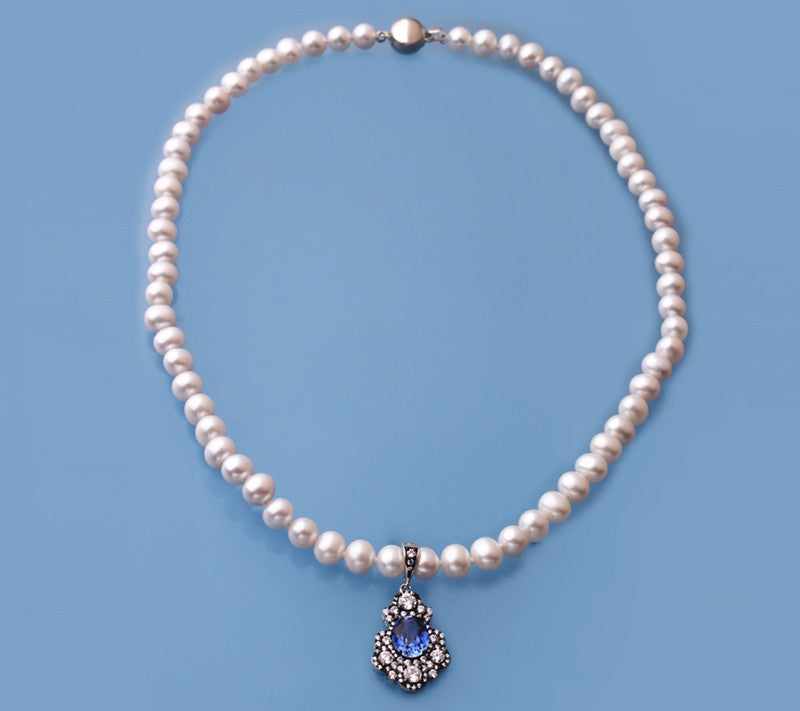Sterling Silver Necklace with 6-7mm Potato Shape Freshwater Pearl, Cubic Zirconia and Blue Zirconia - Wing Wo Hing Jewelry Group - Pearl Jewelry Manufacturer