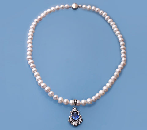 Sterling Silver Necklace with 6-7mm Potato Shape Freshwater Pearl, Cubic Zirconia and Blue Zirconia