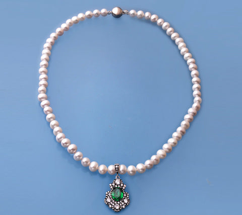 Sterling Silver Necklace with 6-7mm Potato Shape Freshwater Pearl, Cubic Zirconia and Green Corundum