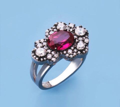 Sterling Silver Ring with Cubic Zirconia and Red Corundum