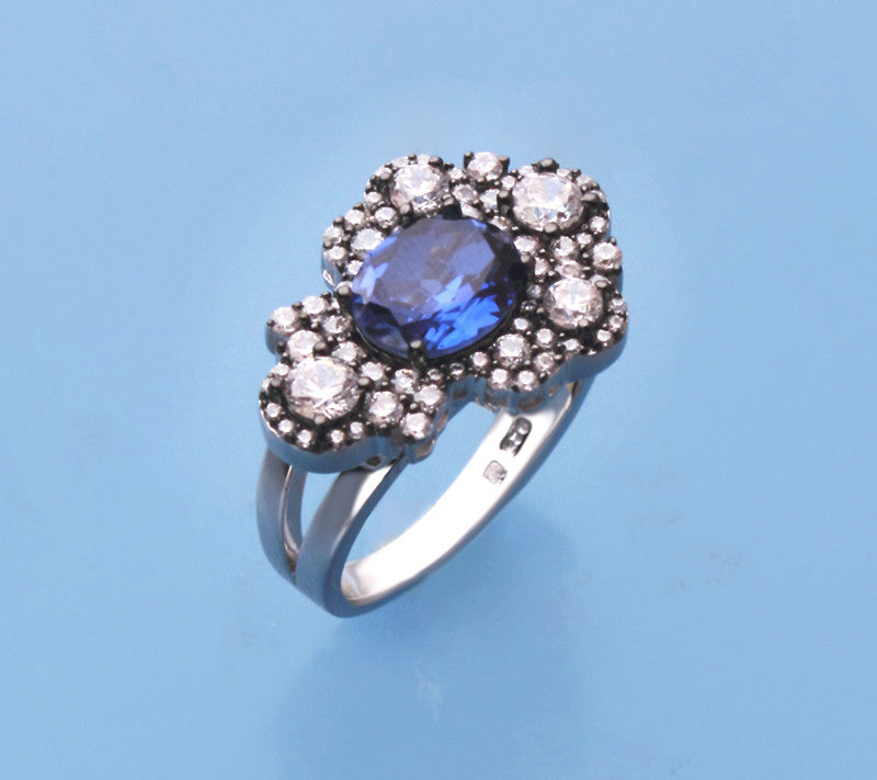 Sterling Silver Ring with Cubic Zirconia and Blue Corundum - Wing Wo Hing Jewelry Group - Pearl Jewelry Manufacturer