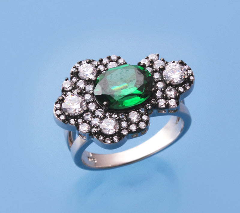 Sterling Silver Ring with Cubic Zirconia and Green Corundum - Wing Wo Hing Jewelry Group - Pearl Jewelry Manufacturer