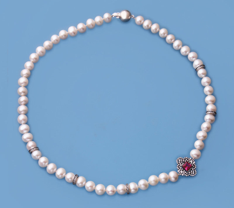 Sterling Silver Necklace with 7.5-8mm Potato Shape Freshwater Pearl, Cubic Zirconia and Red Corundum - Wing Wo Hing Jewelry Group - Pearl Jewelry Manufacturer