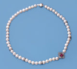 Sterling Silver Necklace with 7.5-8mm Potato Shape Freshwater Pearl, Cubic Zirconia and Red Corundum - Wing Wo Hing Jewelry Group - Pearl Jewelry Manufacturer