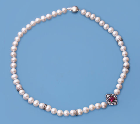 Sterling Silver Necklace with 7.5-8mm Potato Shape Freshwater Pearl, Cubic Zirconia and Red Corundum