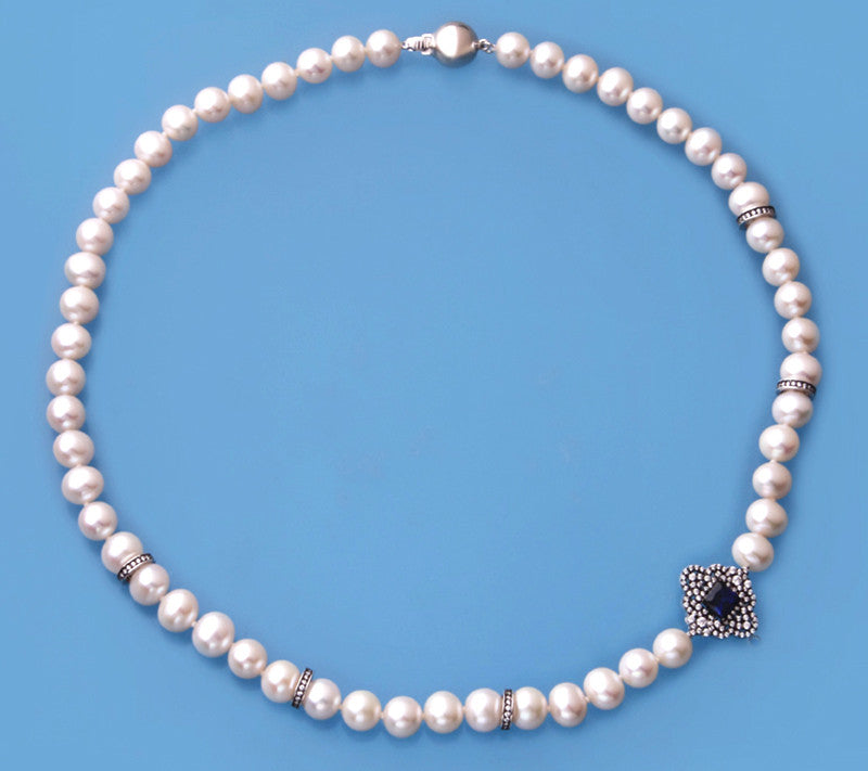 Sterling Silver Necklace with 7.5-8mm Potato Shape Freshwater Pearl,Cubic Zirconia and Blue Corundum - Wing Wo Hing Jewelry Group - Pearl Jewelry Manufacturer