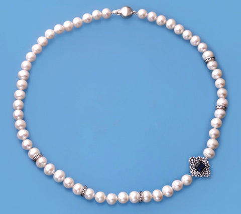 Sterling Silver Necklace with 7.5-8mm Potato Shape Freshwater Pearl,Cubic Zirconia and Blue Corundum