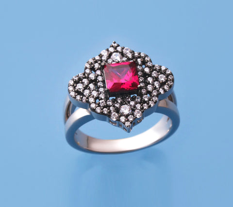 Sterling Silver Ring with Cubic Zirconia and Red Corundum