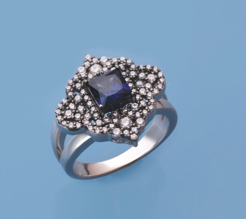 Sterling Silver Ring with Cubic Zirconia and Blue Corundum - Wing Wo Hing Jewelry Group - Pearl Jewelry Manufacturer