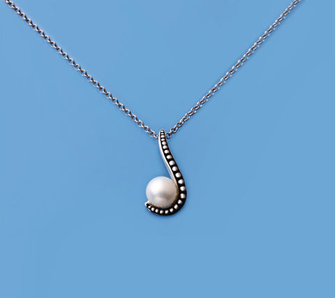 White and Black Plated Silver Pendant with 6.5-7mm Button Shape Freshwater Pearl