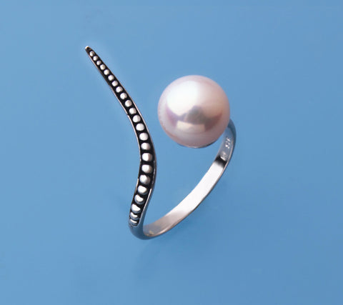 White and Black Plated Silver Ring with 8.5-9mm Button Shape Freshwater Pearl