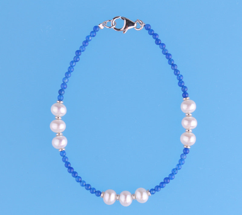 Sterling Silver Bracelet with 4.5-5.5mm Potato Shape Freshwater Pearl and Blue Agate - Wing Wo Hing Jewelry Group - Pearl Jewelry Manufacturer