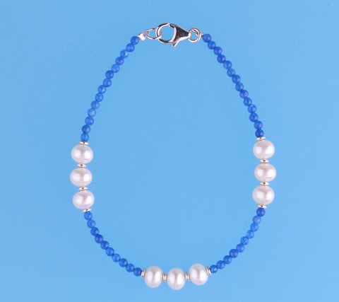 Sterling Silver Bracelet with 4.5-5.5mm Potato Shape Freshwater Pearl and Blue Agate