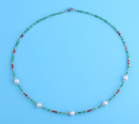 Sterling Silver Necklace with 6-7mm Potato Shape Freshwater Pearl and Agate