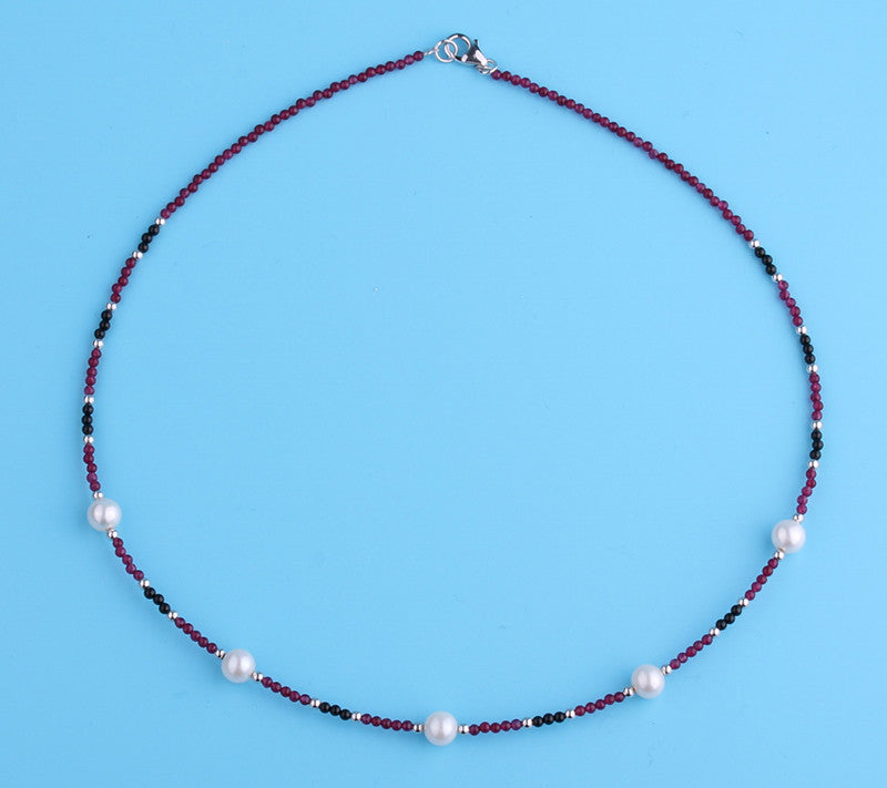 Sterling Silver Necklace with 6-7mm Potato Shape Freshwater Pearl and Agate - Wing Wo Hing Jewelry Group - Pearl Jewelry Manufacturer
