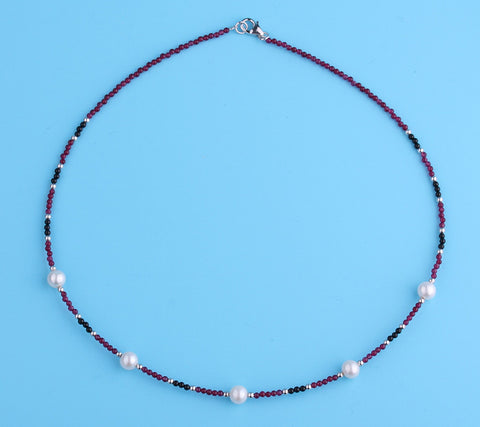 Sterling Silver Necklace with 6-7mm Potato Shape Freshwater Pearl and Agate