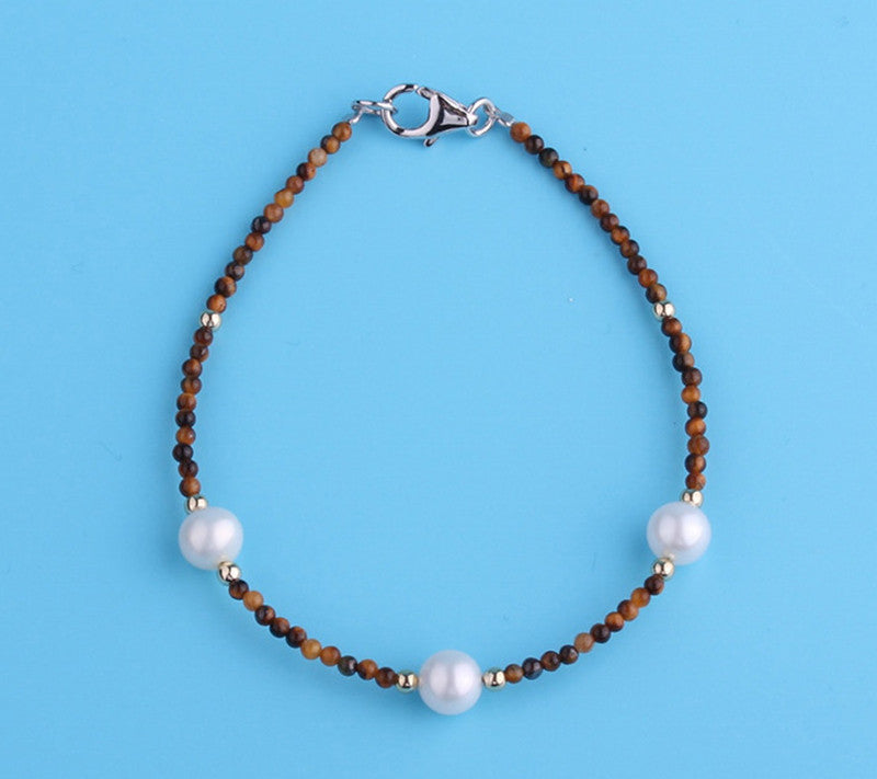 Sterling Silver Bracelet with 6-7mm Potato Shape Freshwater Pearl and Tiger Eye - Wing Wo Hing Jewelry Group - Pearl Jewelry Manufacturer