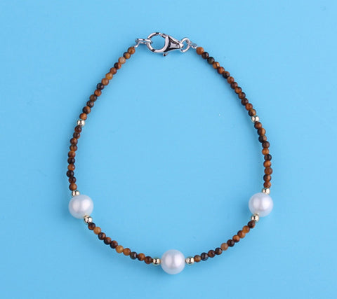 Sterling Silver Bracelet with 6-7mm Potato Shape Freshwater Pearl and Tiger Eye