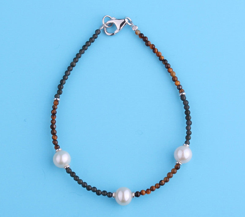 Sterling Silver Bracelet with 6-7mm Potato Shape Freshwater Pearl, Agate and Tiger Eye - Wing Wo Hing Jewelry Group - Pearl Jewelry Manufacturer