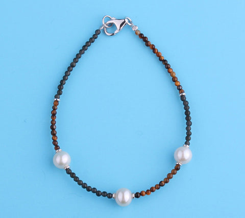 Sterling Silver Bracelet with 6-7mm Potato Shape Freshwater Pearl, Agate and Tiger Eye