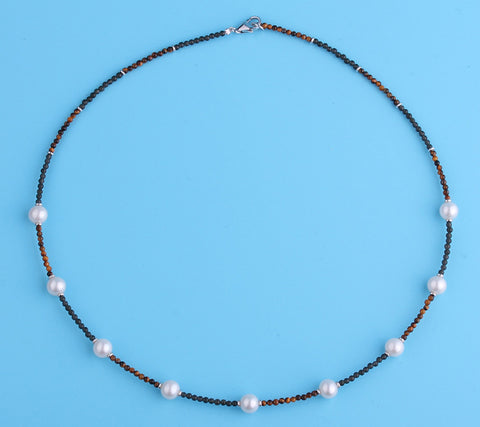 Sterling Silver Necklace with 6-7mm Potato Shape Freshwater Pearl, Agate and Tiger Eye