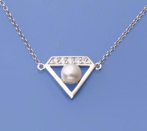 Sterling Silver Pendant with 6-6.5mm Button Shape Freshwater Pearl and Cubic Zirconia