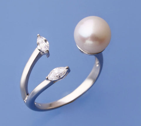Sterling Silver Ring with 8-8.5mm Button Shape Freshwater Pearl and Cubic Zirconia