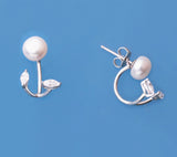 Sterling Silver Earrings with 7-7.5mm Button Shape Freshwater Pearl and Cubic Zirconia - Wing Wo Hing Jewelry Group - Pearl Jewelry Manufacturer - 1