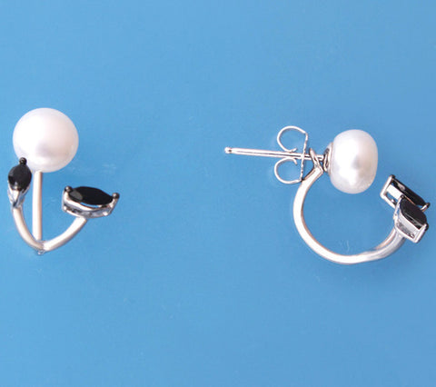 Sterling Silver Earrings with 7-7.5mm Button Shape Freshwater Pearl and Cubic Zirconia