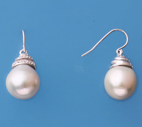 Sterling Silver Earrings with 12-13mm Baroque Shape Freshwater Pearl and Cubic Zirconia