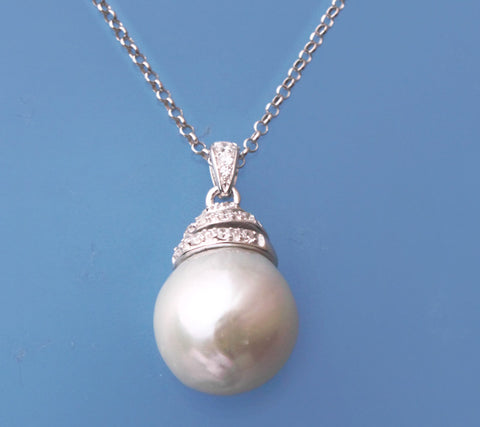 Sterling Silver Pendant with 12-13mm Baroque Shape Freshwater Pearl and Cubic Zirconia