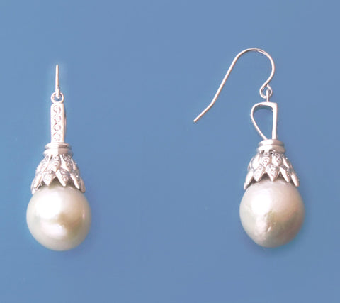 Sterling Silver Earrings with 12-13mm Drop Shape Freshwater Pearl and Cubic Zirconia