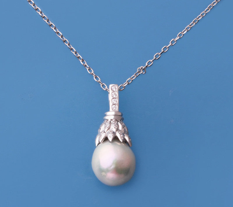 Sterling Silver Pendant with 12-13mm Drop Shape Freshwater Pearl and Cubic Zirocnia - Wing Wo Hing Jewelry Group - Pearl Jewelry Manufacturer