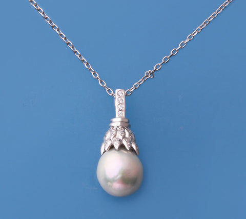 Sterling Silver Pendant with 12-13mm Drop Shape Freshwater Pearl and Cubic Zirocnia