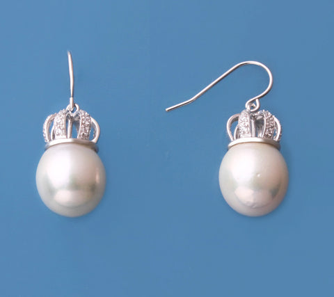 Sterling Silver Earrings with 12-13mm Baroque Shape Freshwater Pearl and Cubic Zirconia