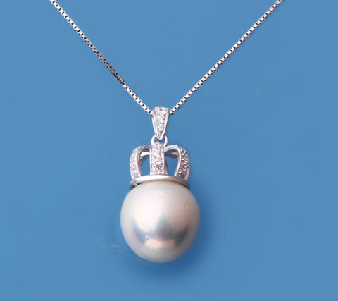 Sterling Silver Pendant with 12-13mm Drop Shape Freshwater Pearl and Cubic Zirconia